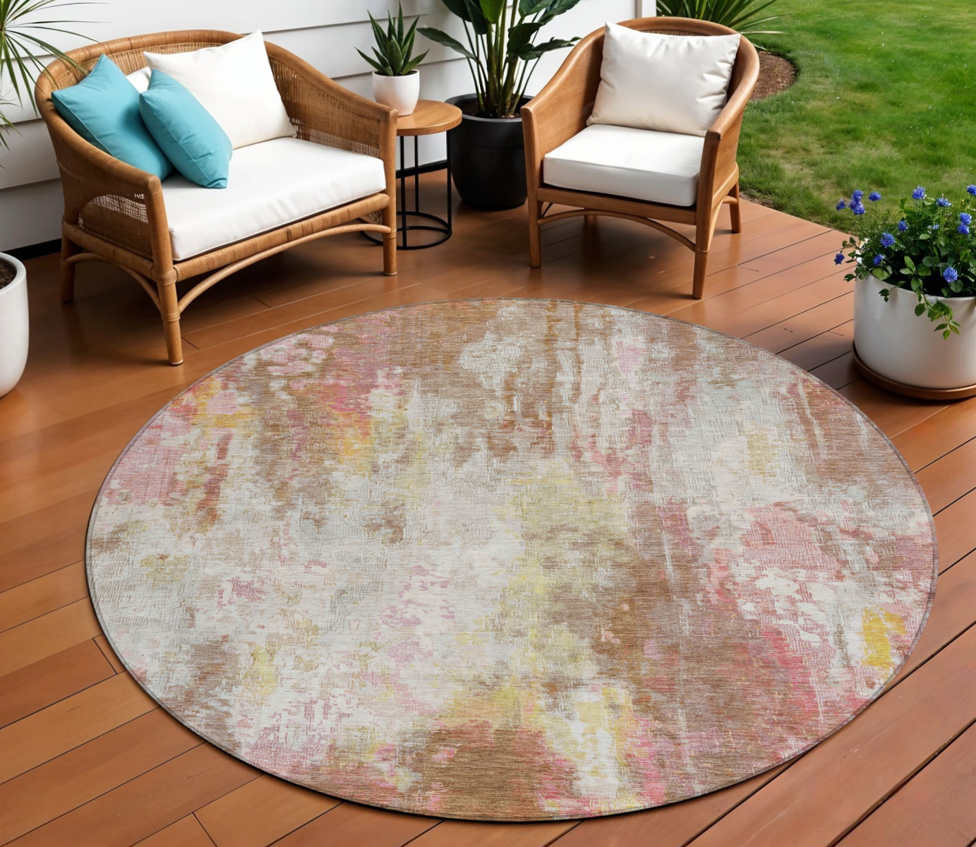 8' Tan Mauve And Ivory Round Abstract Washable Indoor Outdoor Area Rug-615880-1