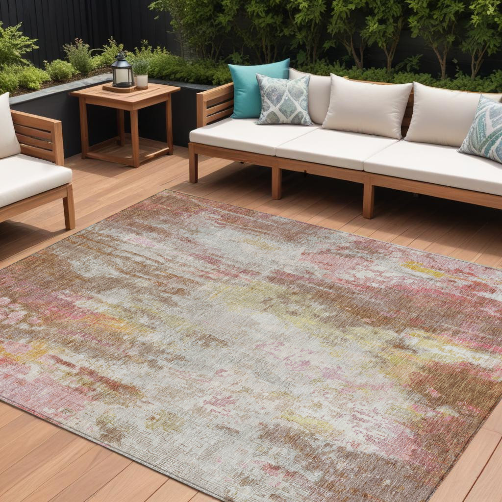 8' X 10' Tan Mauve And Ivory Abstract Washable Indoor Outdoor Area Rug-615881-1