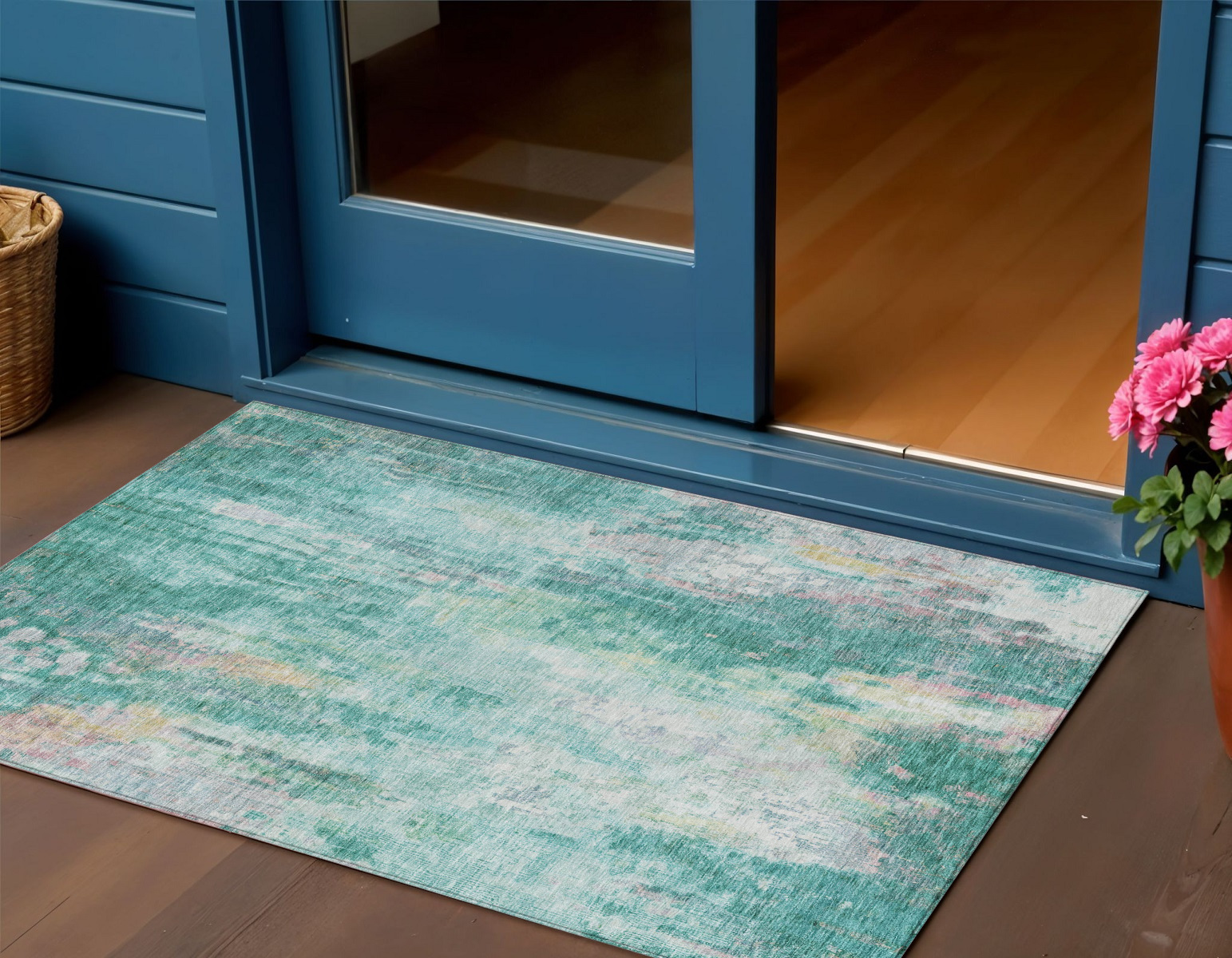 3' X 5' Teal Blue Peach And Ivory Abstract Washable Indoor Outdoor Area Rug-615884-1