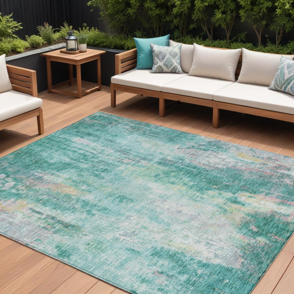 5' X 8' Teal Blue Peach And Ivory Abstract Washable Indoor Outdoor Area Rug-615885-1