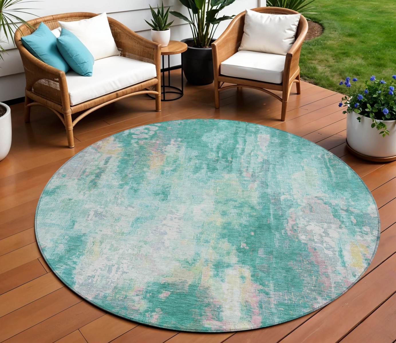 8' Teal Blue Peach And Ivory Round Abstract Washable Indoor Outdoor Area Rug-615886-1