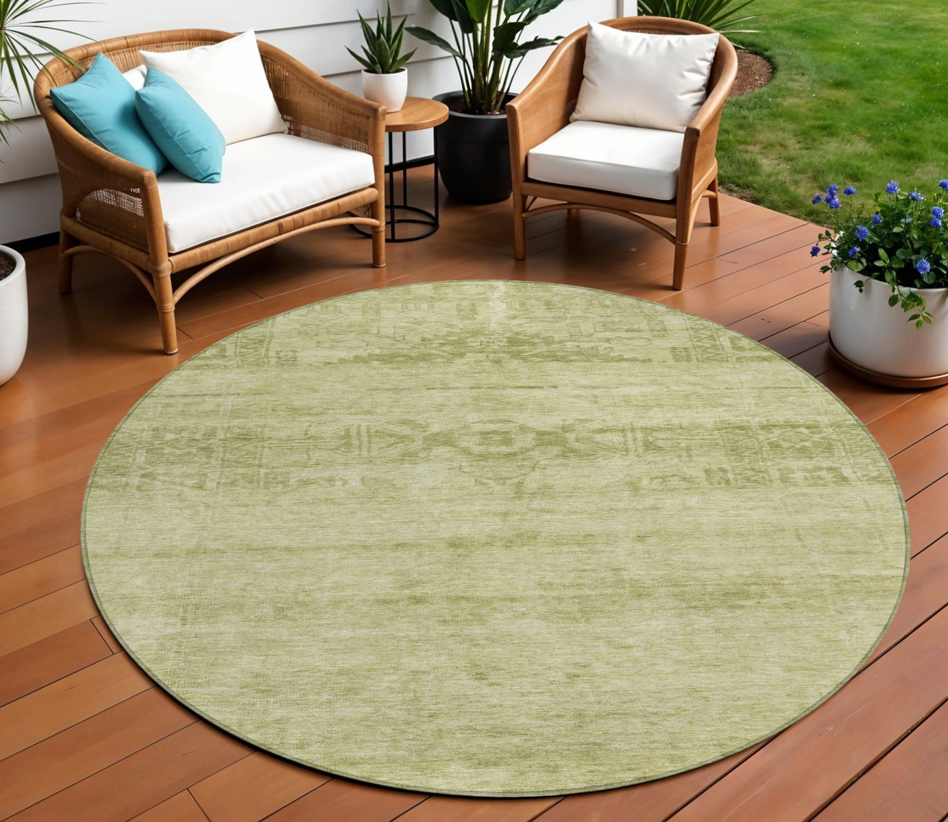 8' Artichoke Green And Ivory Round Medallion Washable Indoor Outdoor Area Rug-616084-1
