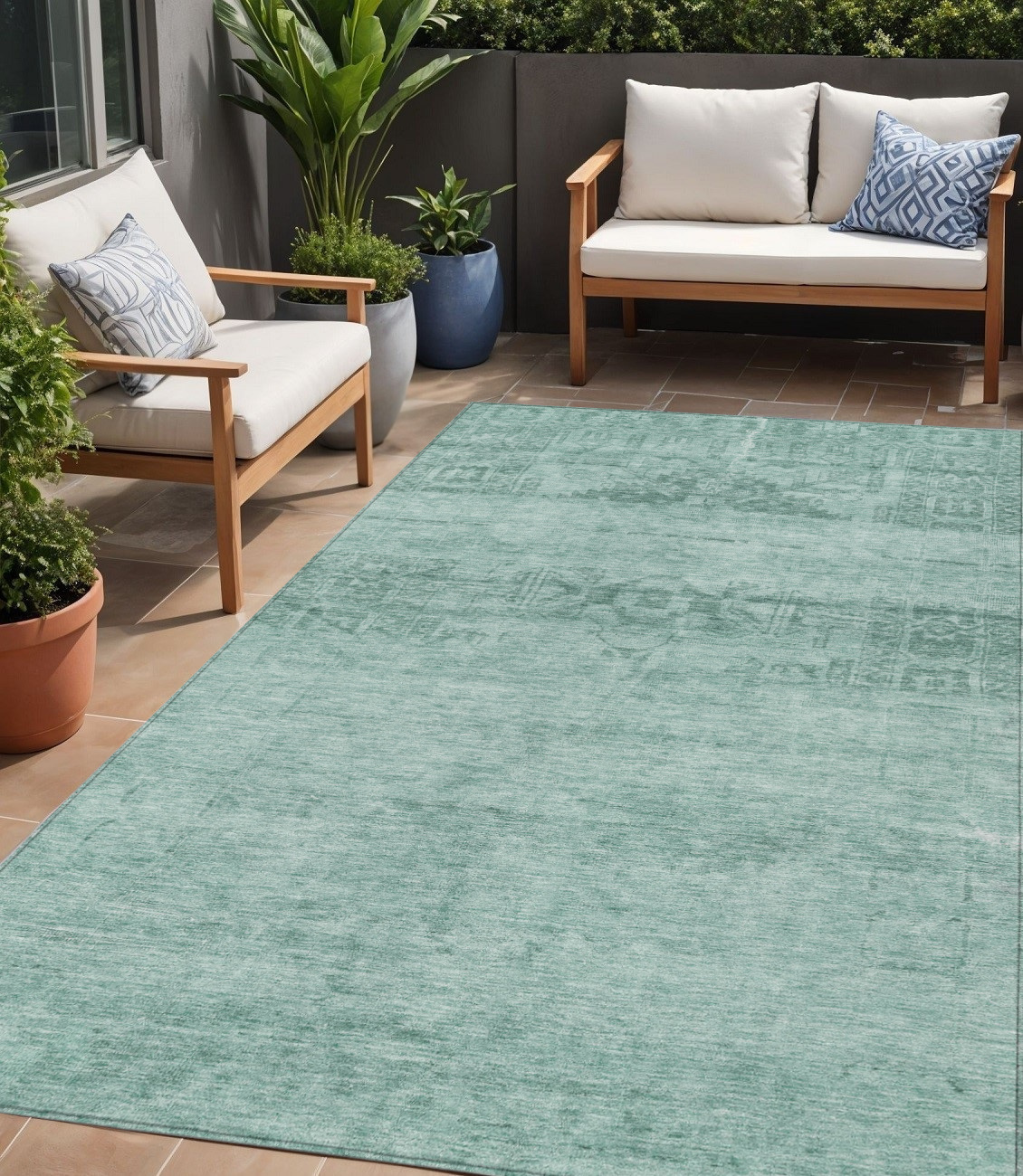 5' X 8' Aqua And Teal Blue Medallion Washable Indoor Outdoor Area Rug-616089-1