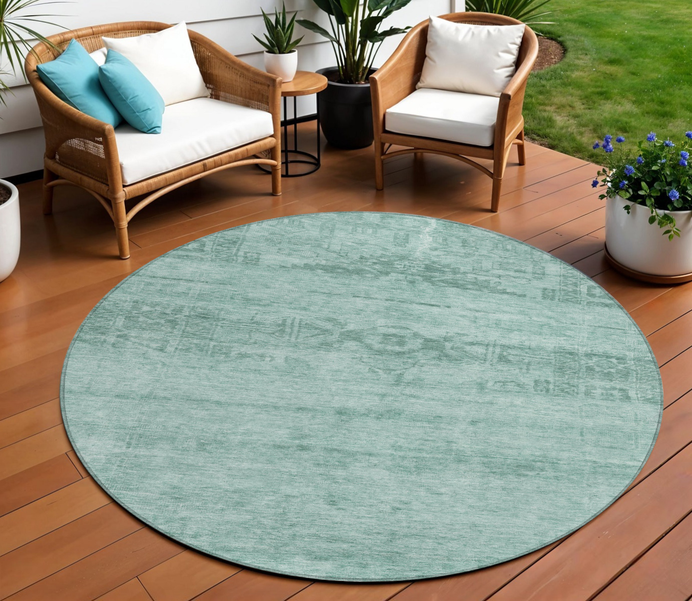 8' Aqua And Teal Blue Round Medallion Washable Indoor Outdoor Area Rug-616090-1