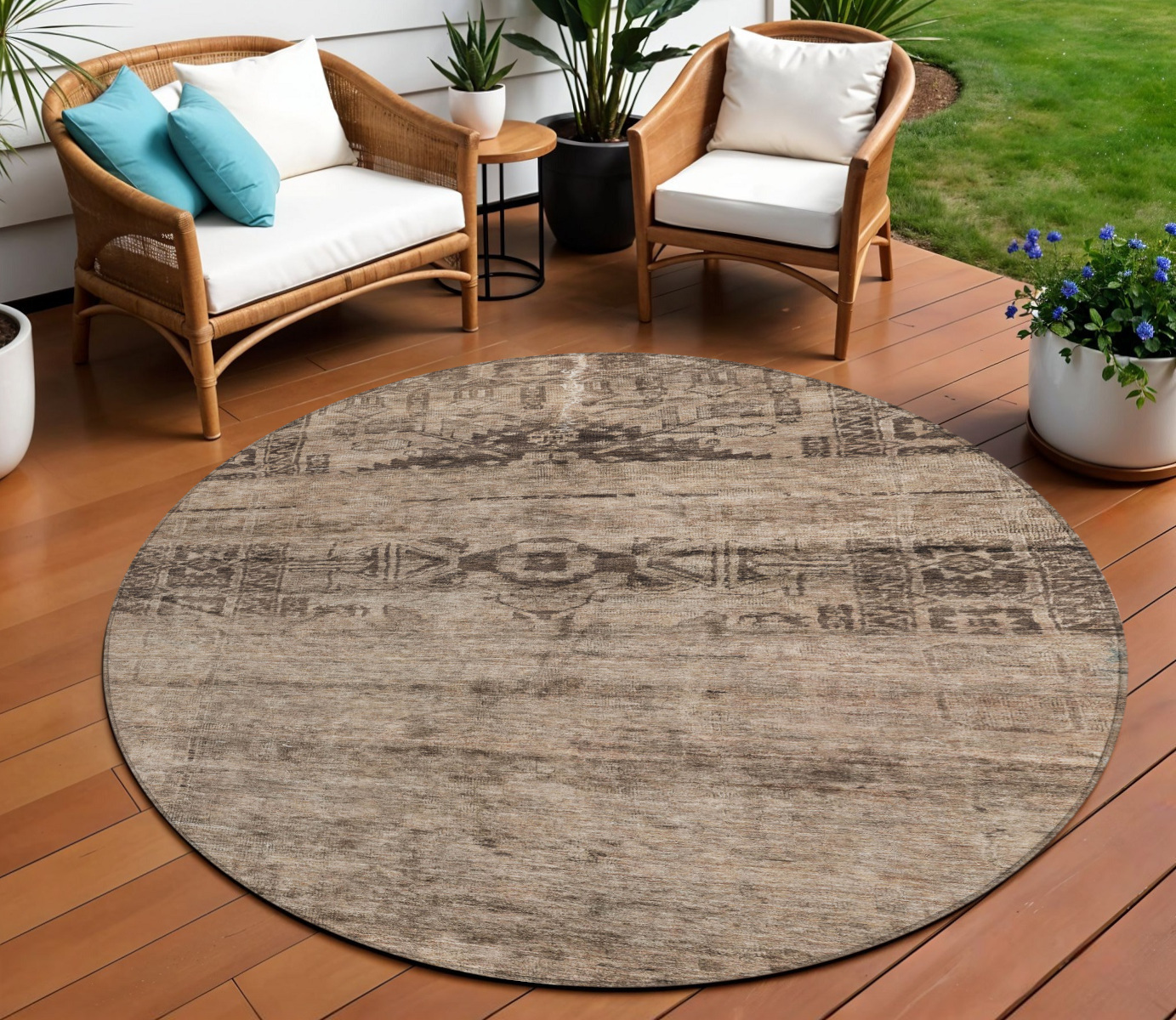 8' Brown And Taupe Round Medallion Washable Indoor Outdoor Area Rug-616108-1