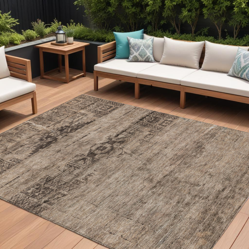 10' X 14' Brown And Taupe Medallion Washable Indoor Outdoor Area Rug-616111-1