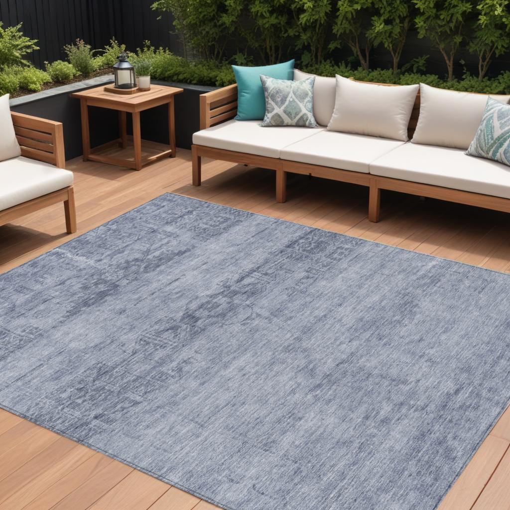 9' X 12' Denim Blue And Navy Blue Medallion Washable Indoor Outdoor Area Rug-616116-1