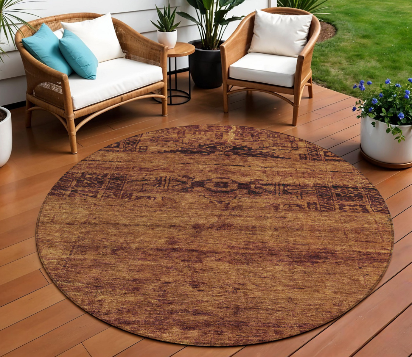 8' Rust And Brown Round Medallion Washable Indoor Outdoor Area Rug-616120-1