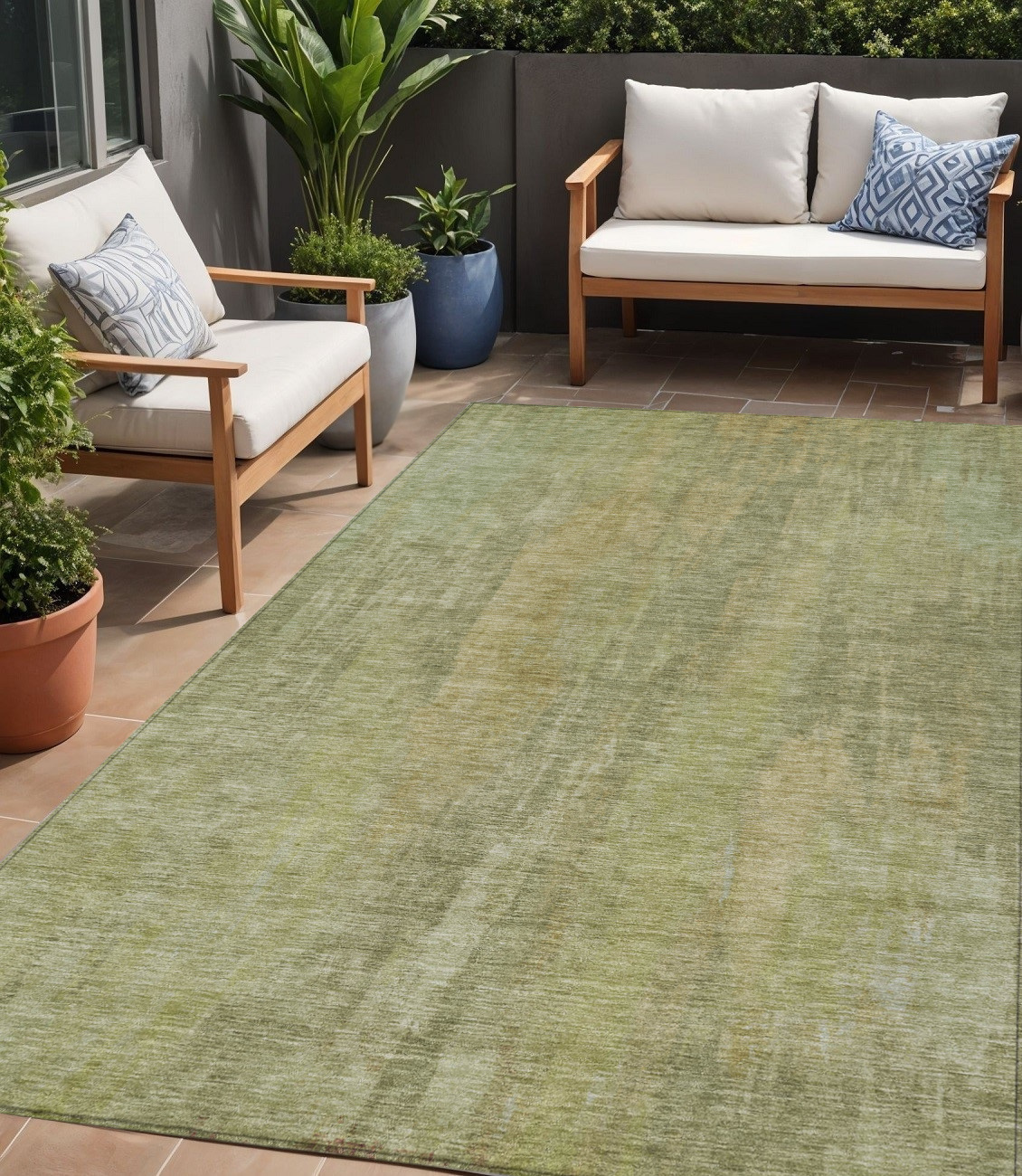 5' X 8' Artichoke Green And Fern Green Abstract Washable Indoor Outdoor Area Rug-616131-1