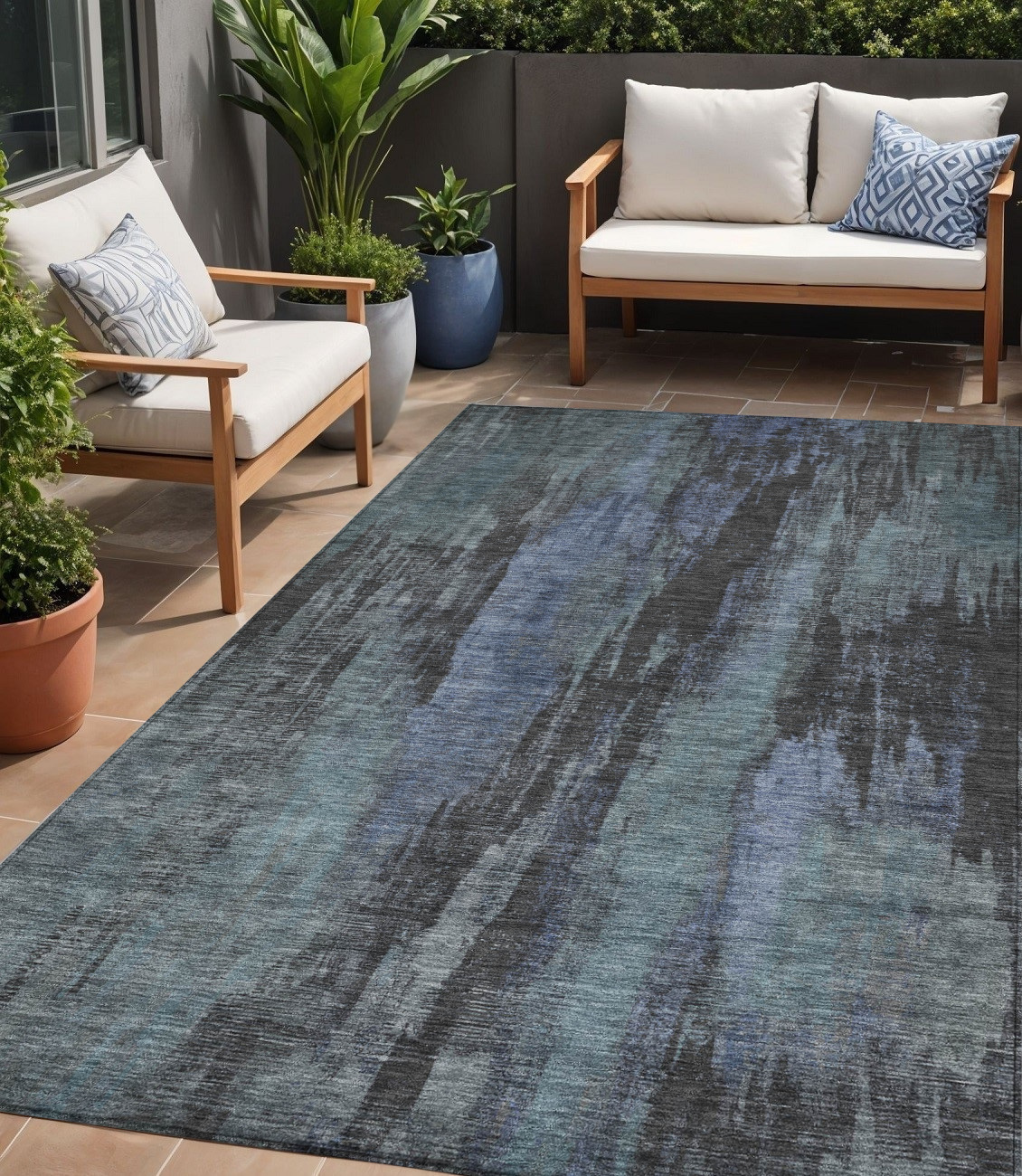 5' X 8' Blue And Gray Abstract Washable Indoor Outdoor Area Rug-616137-1