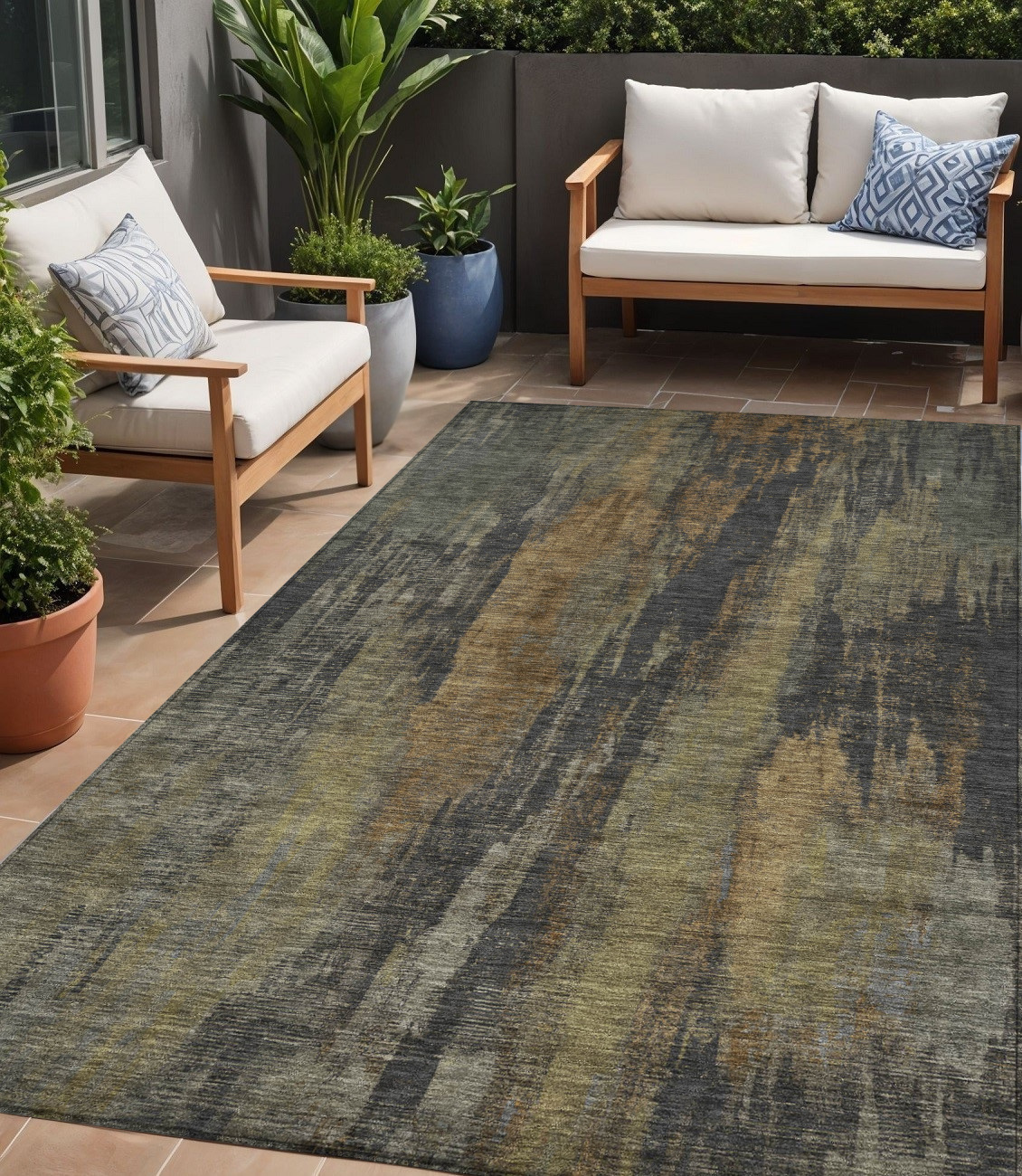 5' X 8' Charcoal And Gold Abstract Washable Indoor Outdoor Area Rug-616143-1