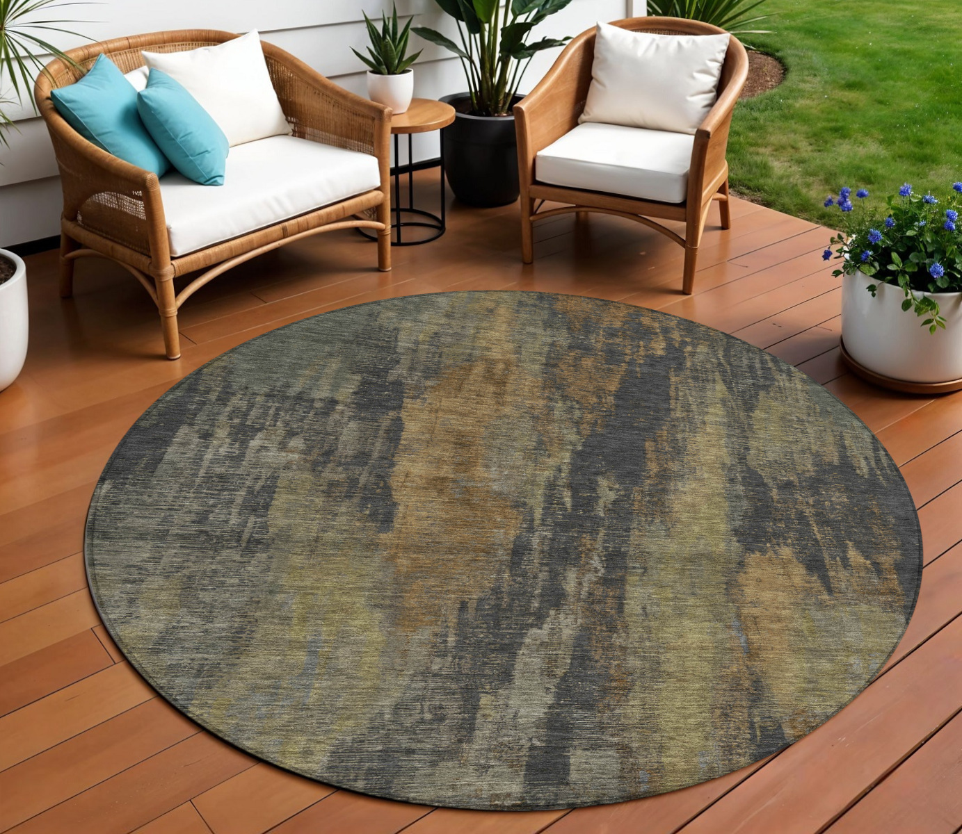 8' Charcoal And Gold Round Abstract Washable Indoor Outdoor Area Rug-616144-1