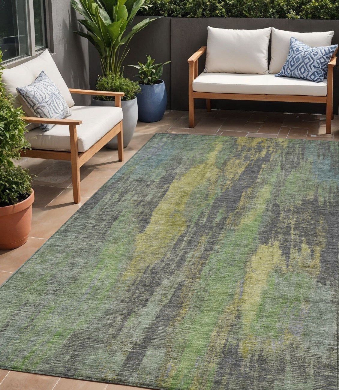 5' X 8' Green And Gold Abstract Washable Indoor Outdoor Area Rug-616149-1