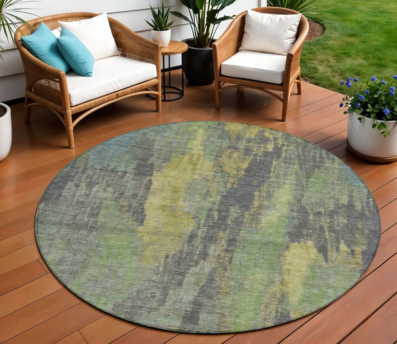 8' Green And Gold Round Abstract Washable Indoor Outdoor Area Rug-616150-1