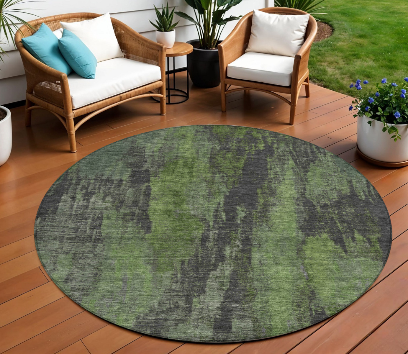 8' Olive Green And Charcoal Round Abstract Washable Indoor Outdoor Area Rug-616156-1