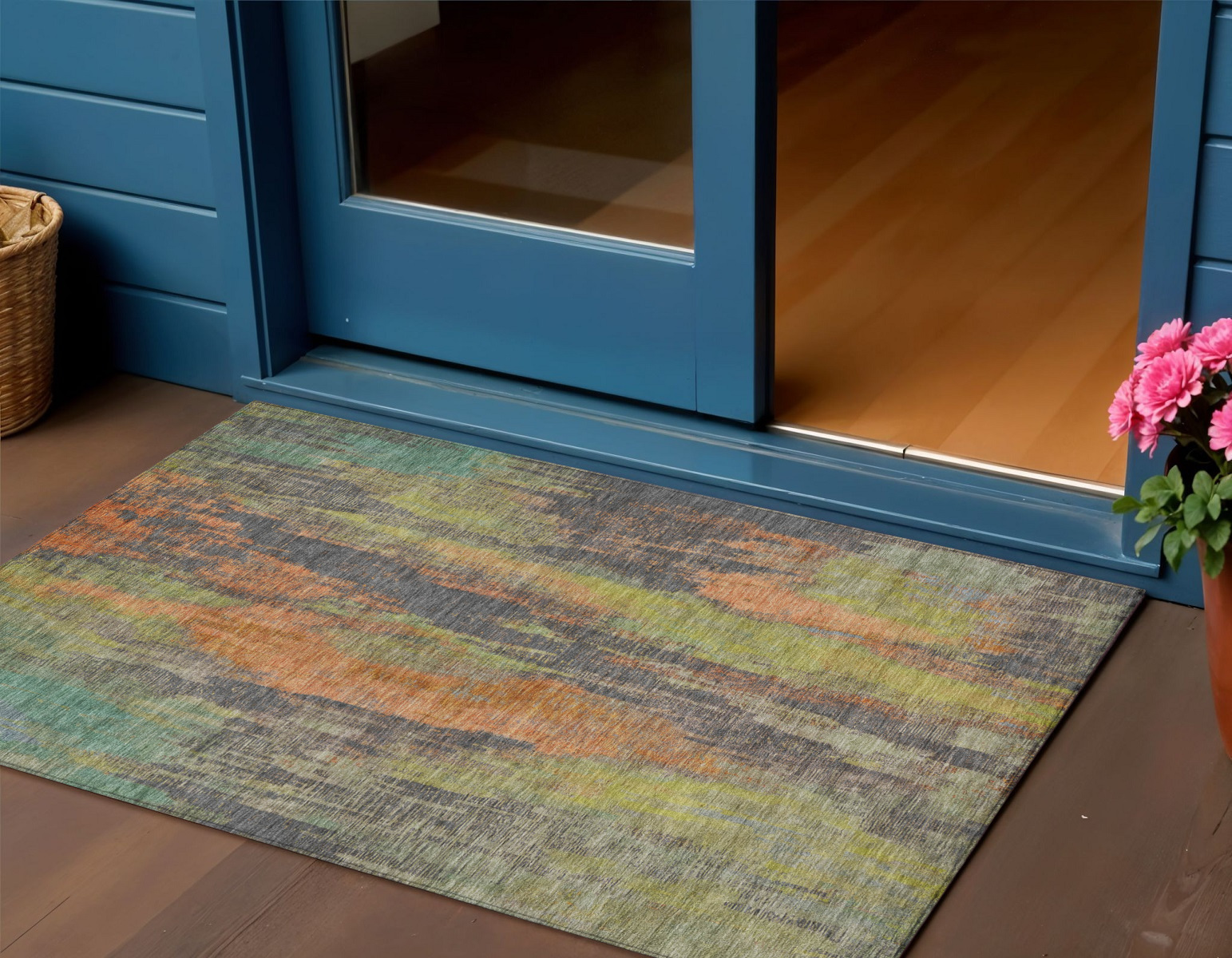3' X 5' Orange And Teal Blue Abstract Washable Indoor Outdoor Area Rug-616160-1