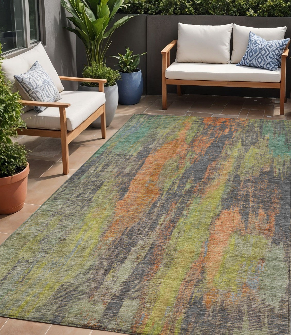 5' X 8' Orange And Teal Blue Abstract Washable Indoor Outdoor Area Rug-616161-1