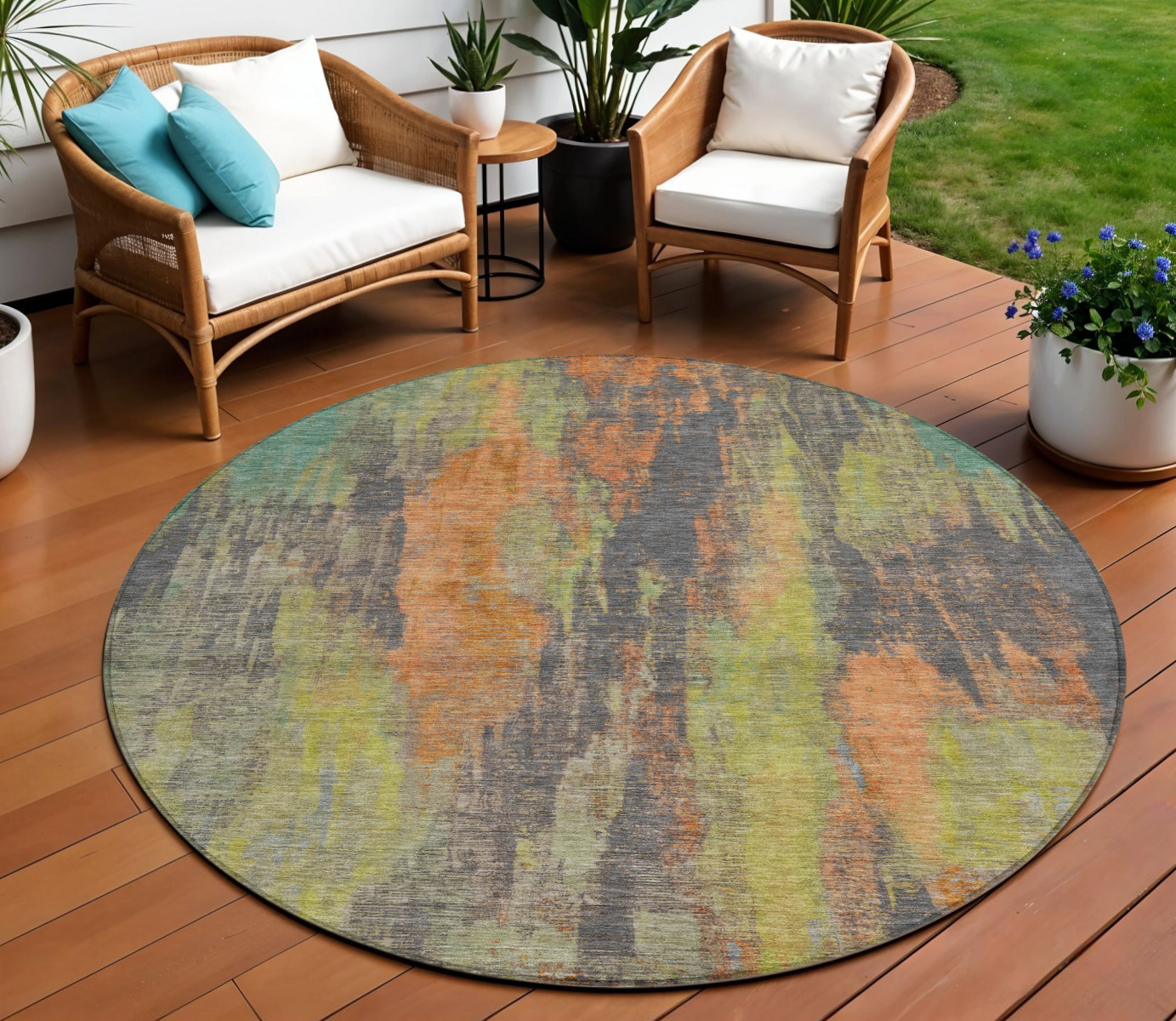 8' Orange And Teal Blue Round Abstract Washable Indoor Outdoor Area Rug-616162-1