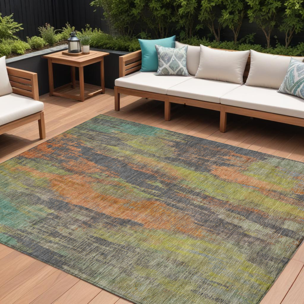 8' X 10' Orange And Teal Blue Abstract Washable Indoor Outdoor Area Rug-616163-1