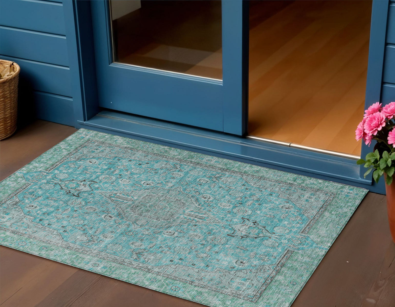 3' X 5' Aqua And Teal Blue Medallion Washable Indoor Outdoor Area Rug-616256-1