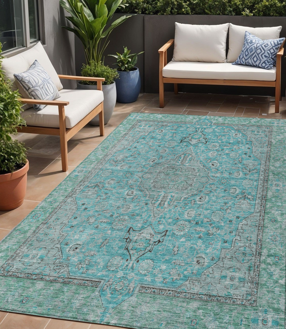 5' X 8' Aqua And Teal Blue Medallion Washable Indoor Outdoor Area Rug-616257-1