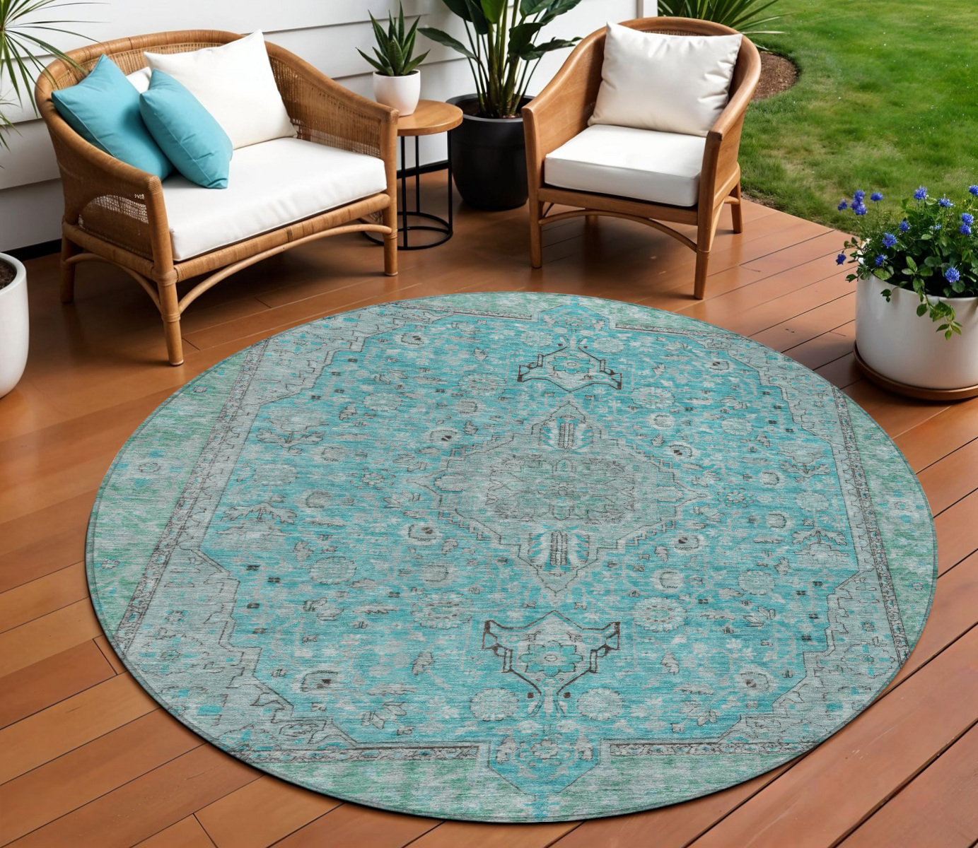 8' Aqua And Teal Blue Round Medallion Washable Indoor Outdoor Area Rug-616258-1