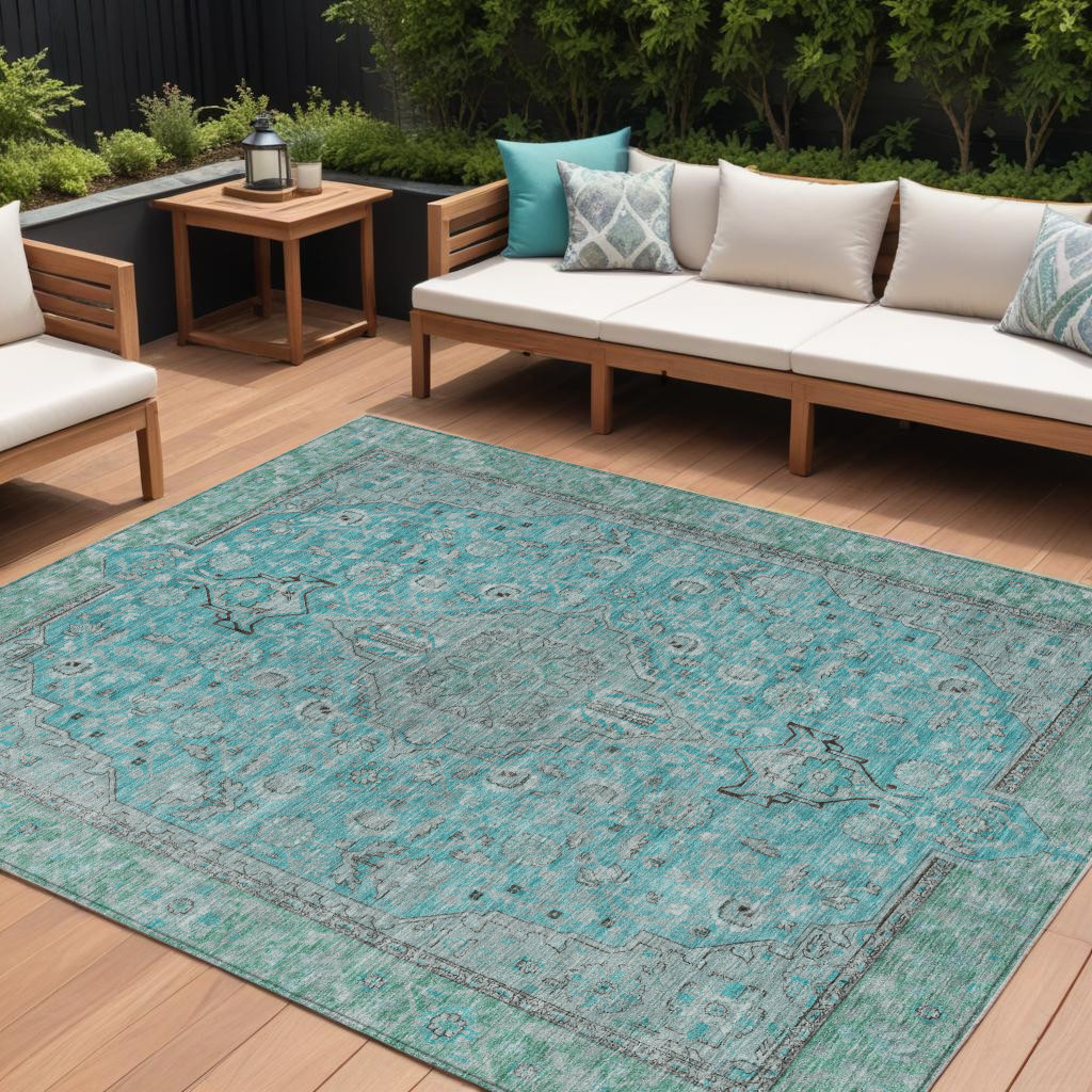 9' X 12' Aqua And Teal Blue Medallion Washable Indoor Outdoor Area Rug-616260-1
