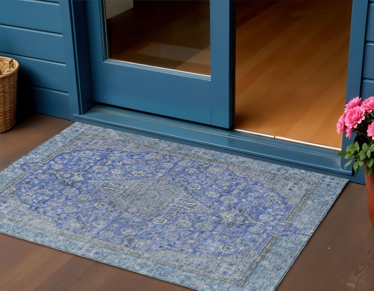 3' X 5' Blue And Gray Medallion Washable Indoor Outdoor Area Rug-616262-1