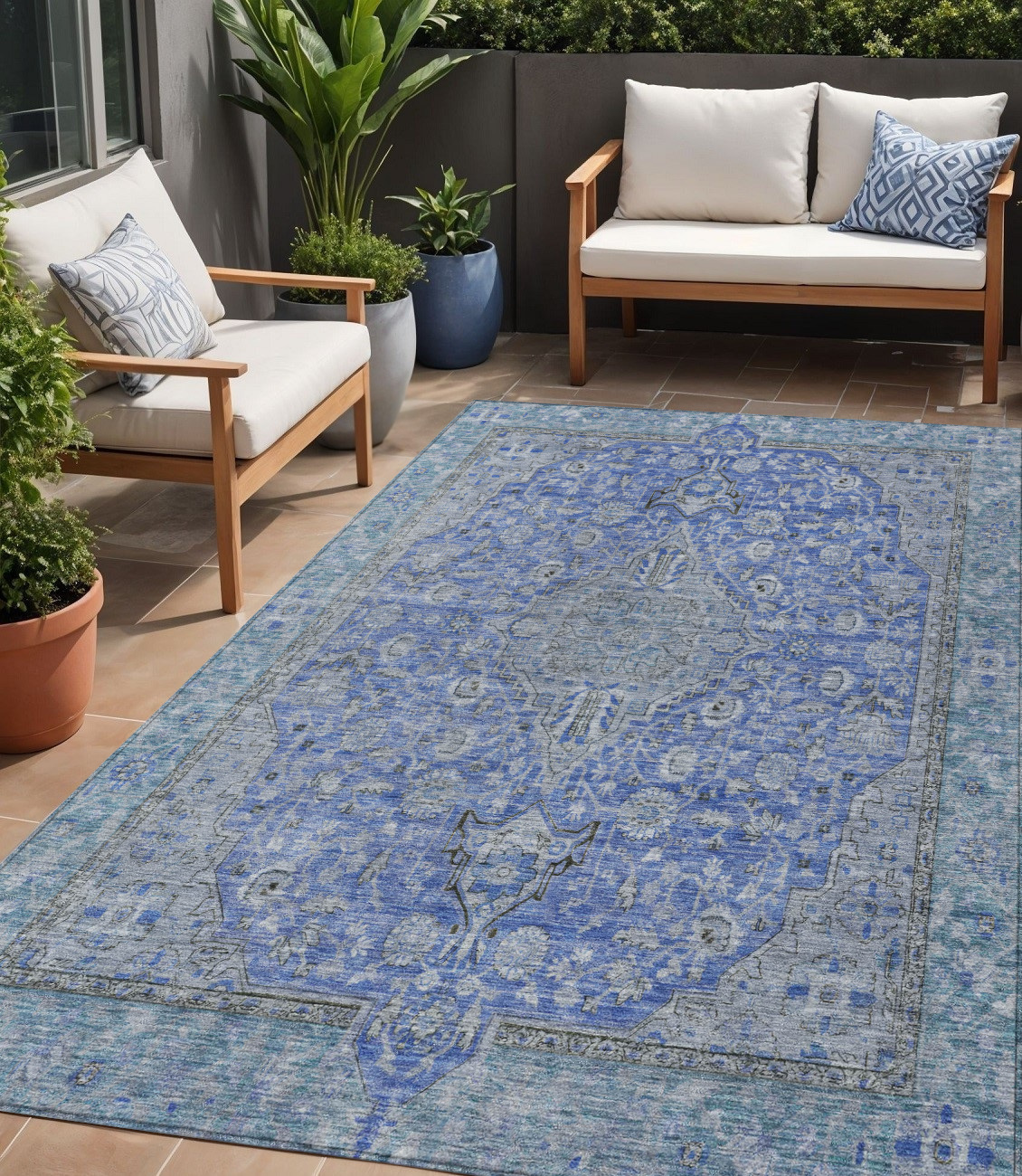5' X 8' Blue And Gray Medallion Washable Indoor Outdoor Area Rug-616263-1