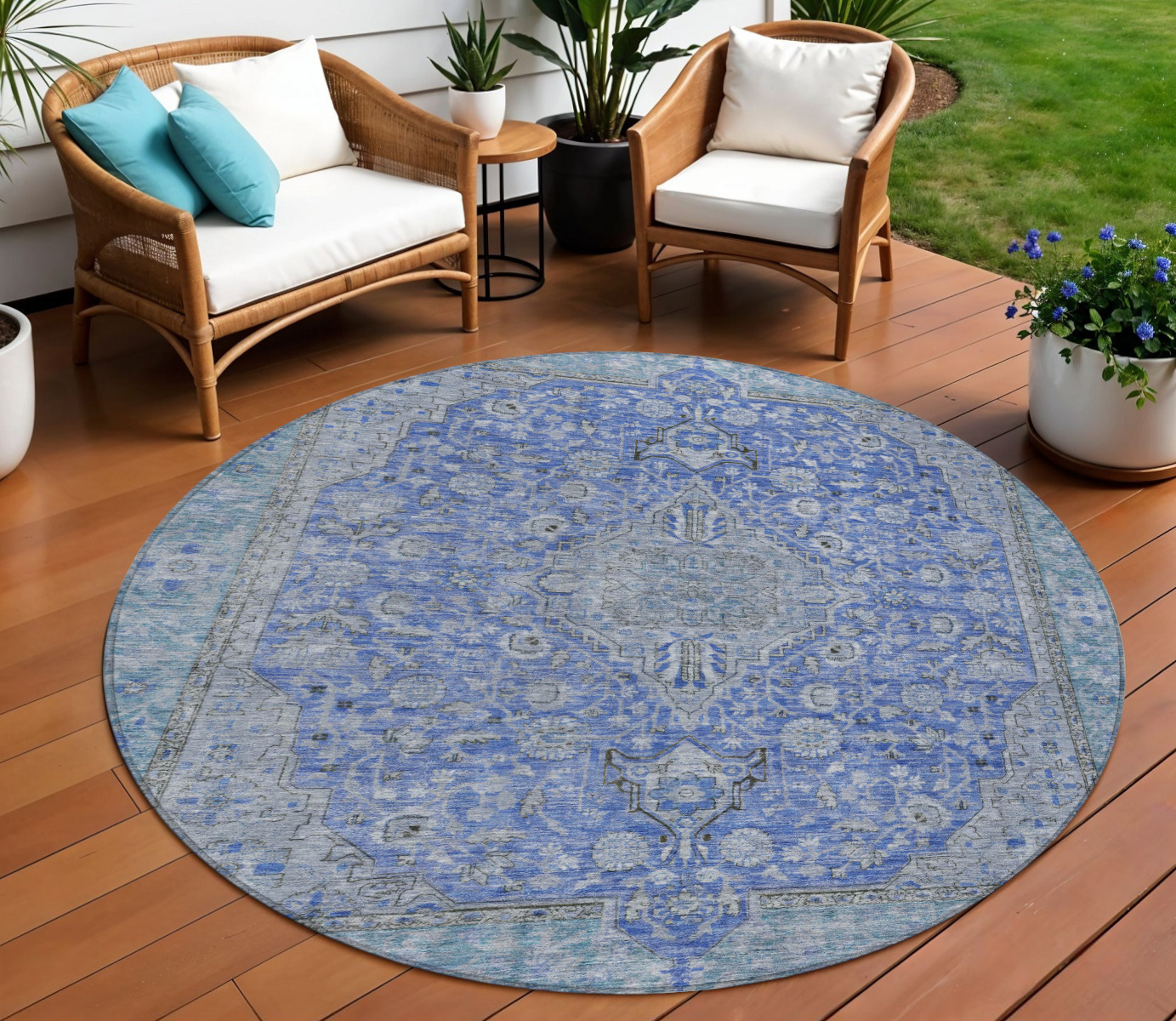 8' Blue And Gray Round Medallion Washable Indoor Outdoor Area Rug-616264-1