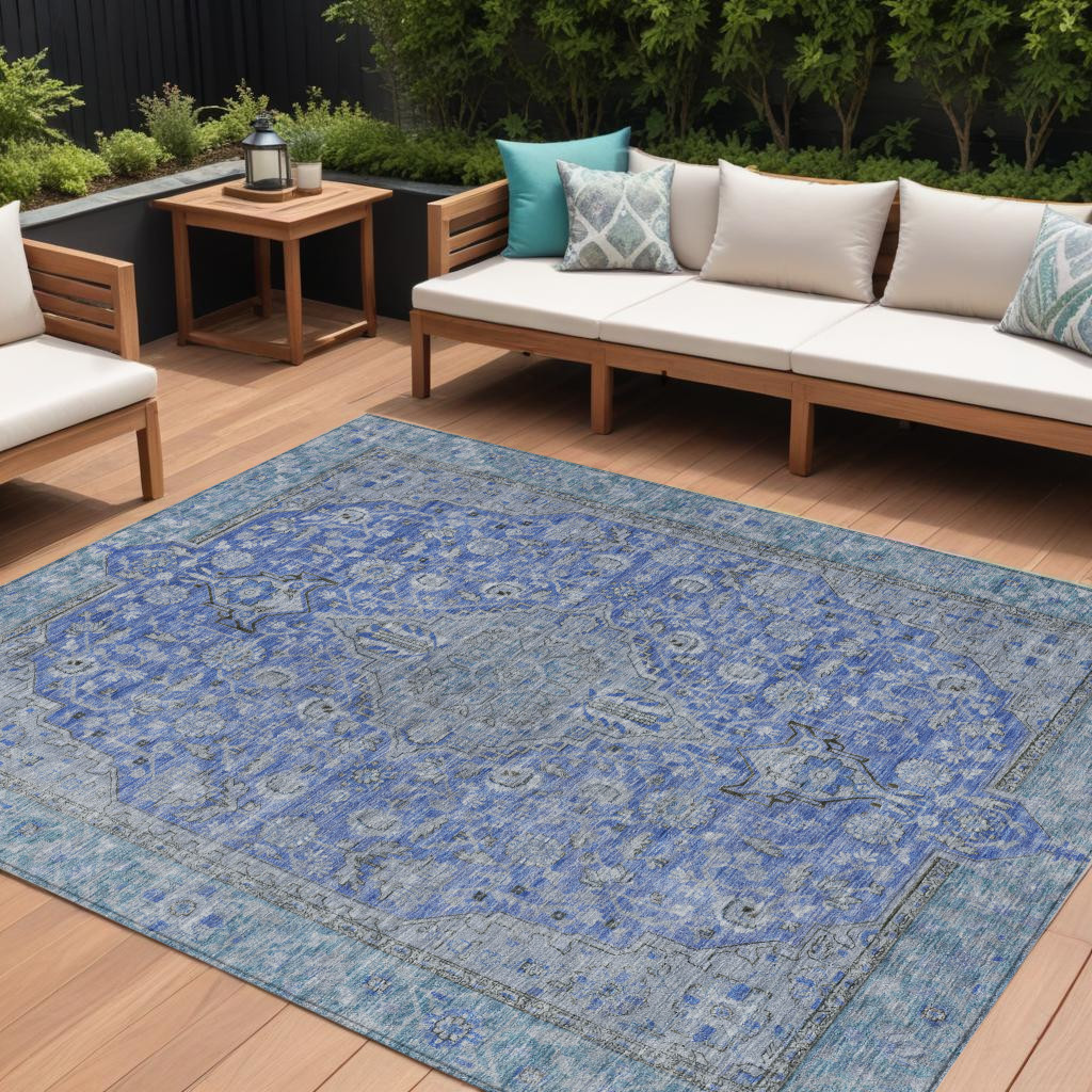 10' X 14' Blue And Gray Medallion Washable Indoor Outdoor Area Rug-616267-1