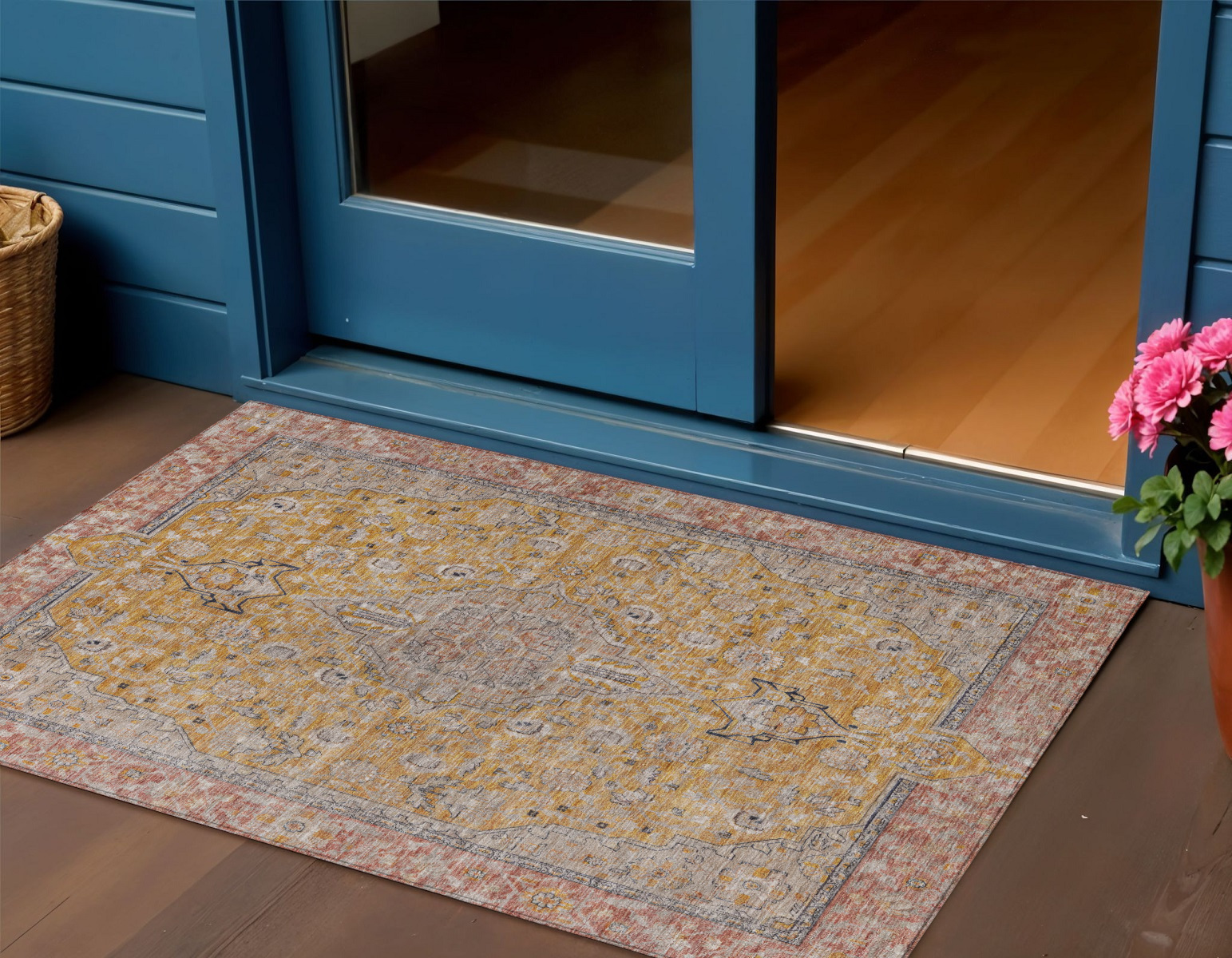 3' X 5' Gold And Peach Medallion Washable Indoor Outdoor Area Rug-616268-1