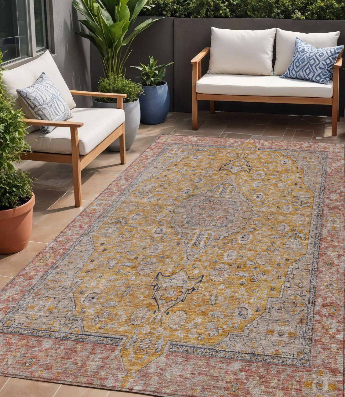 5' X 8' Gold And Peach Medallion Washable Indoor Outdoor Area Rug-616269-1