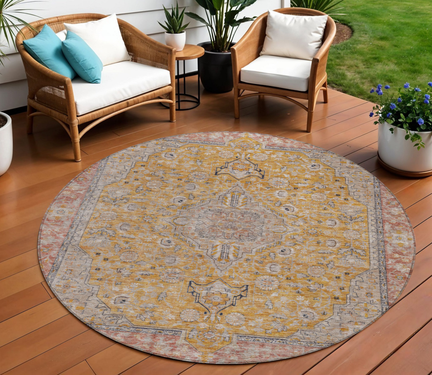 8' Gold And Peach Round Medallion Washable Indoor Outdoor Area Rug-616270-1