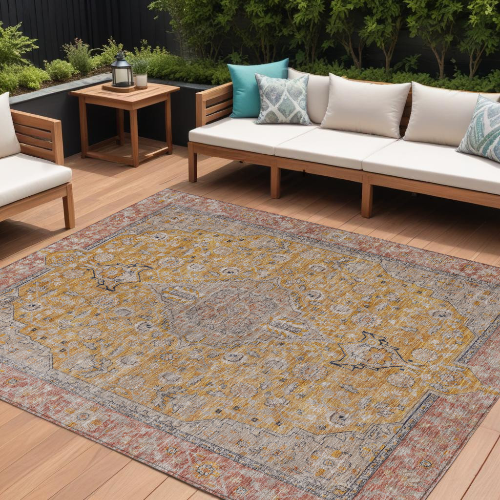 8' X 10' Gold And Peach Medallion Washable Indoor Outdoor Area Rug-616271-1
