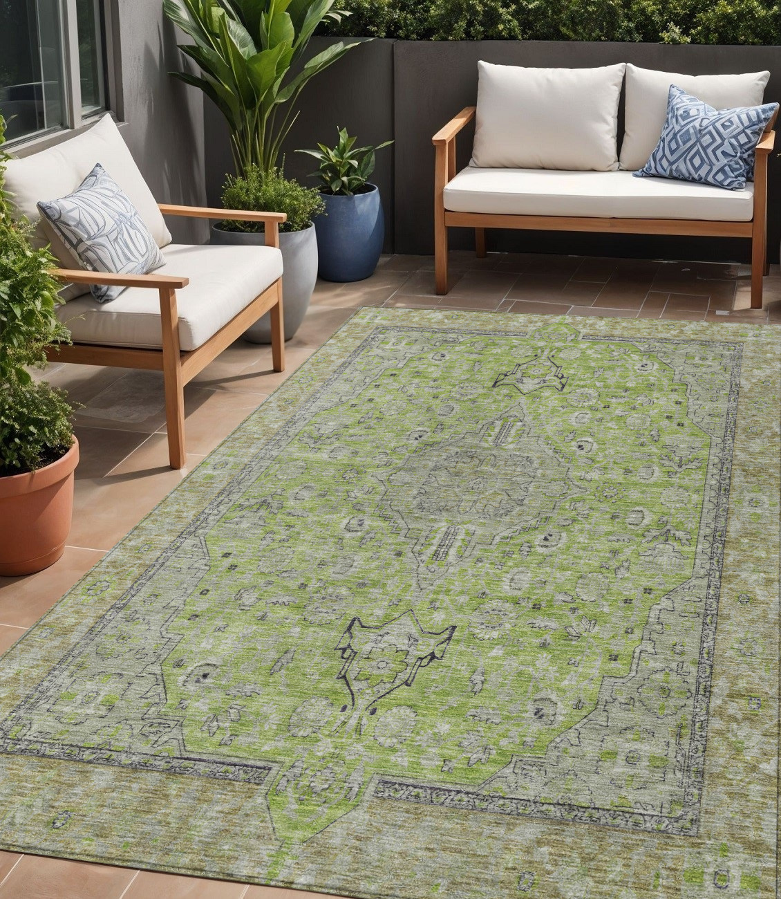 5' X 8' Lime Green And Gray Medallion Washable Indoor Outdoor Area Rug-616275-1
