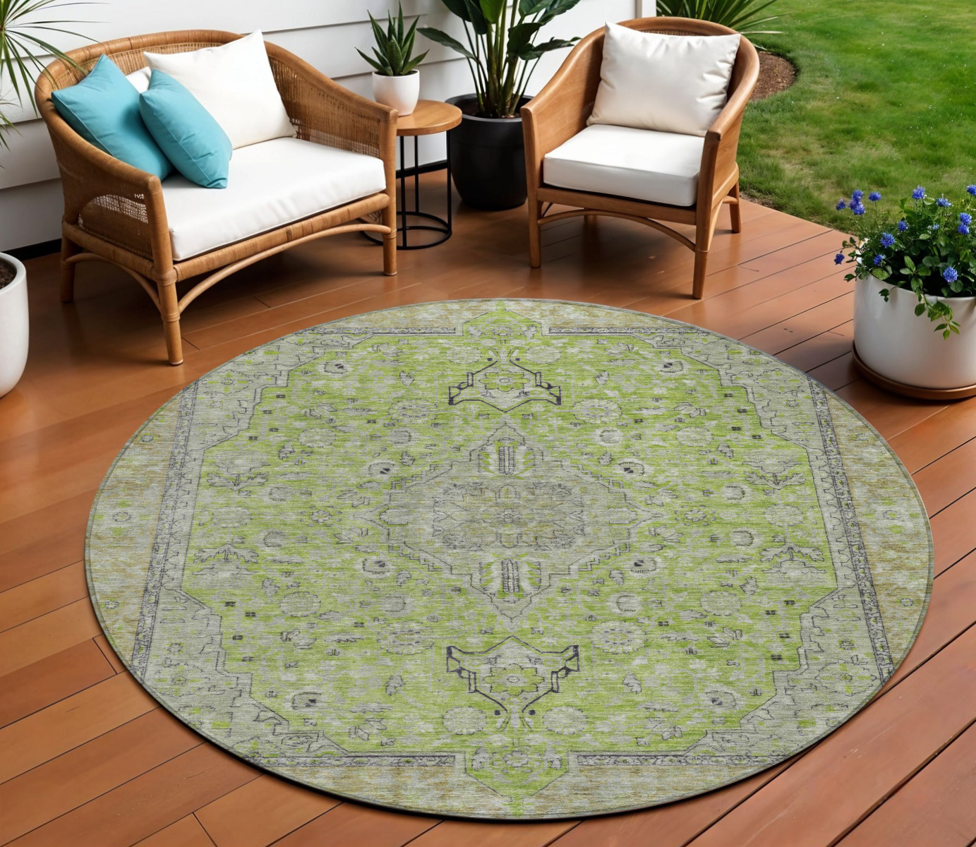 8' Lime Green And Gray Round Medallion Washable Indoor Outdoor Area Rug-616276-1