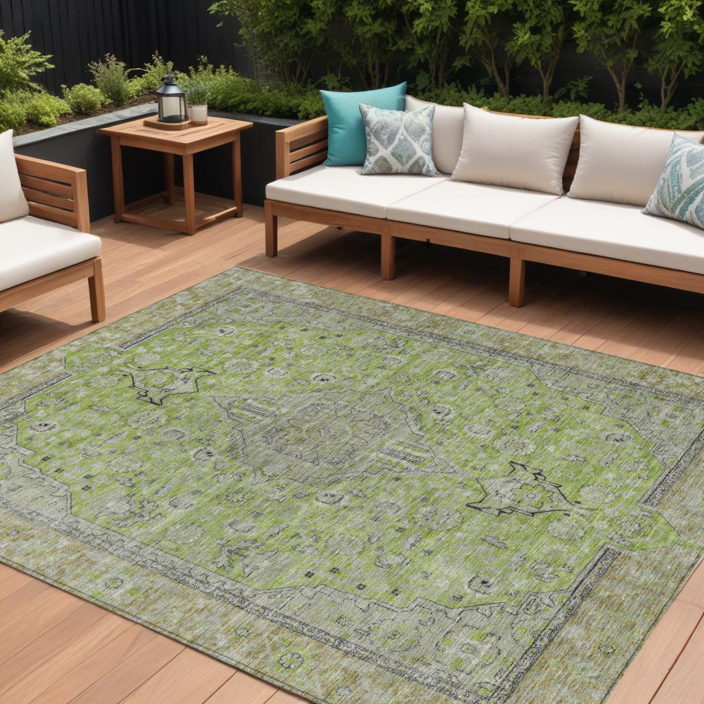 10' X 14' Lime Green And Gray Medallion Washable Indoor Outdoor Area Rug-616279-1
