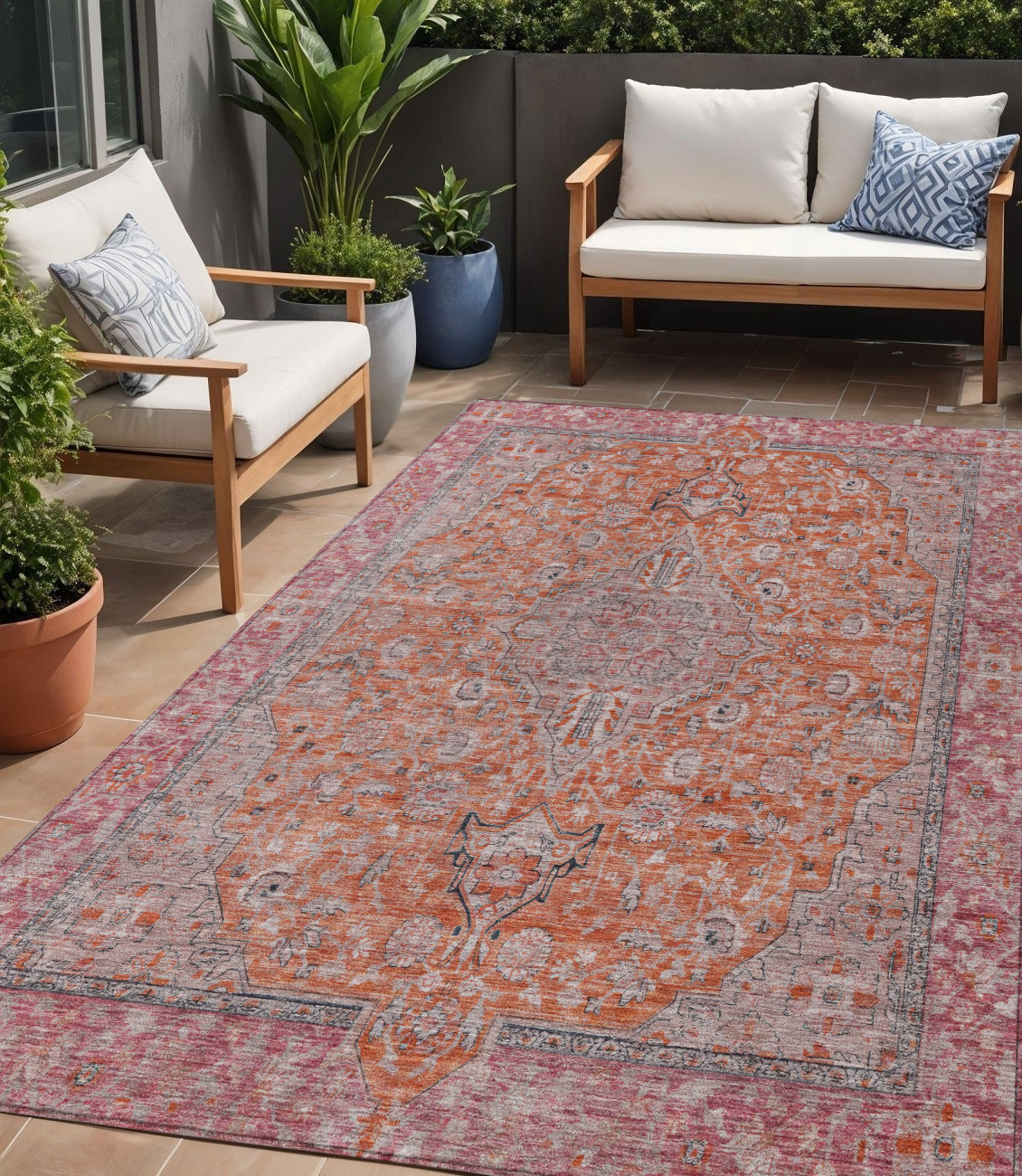 5' X 8' Orange And Red Medallion Washable Indoor Outdoor Area Rug-616281-1