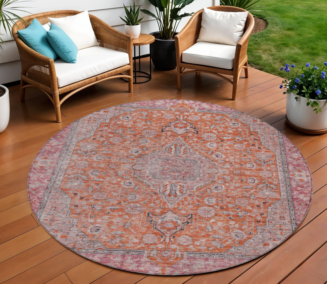8' Orange And Red Round Medallion Washable Indoor Outdoor Area Rug-616282-1
