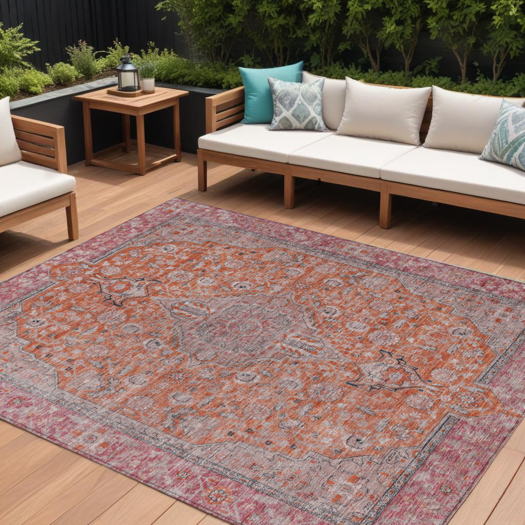 9' X 12' Orange And Red Medallion Washable Indoor Outdoor Area Rug-616284-1