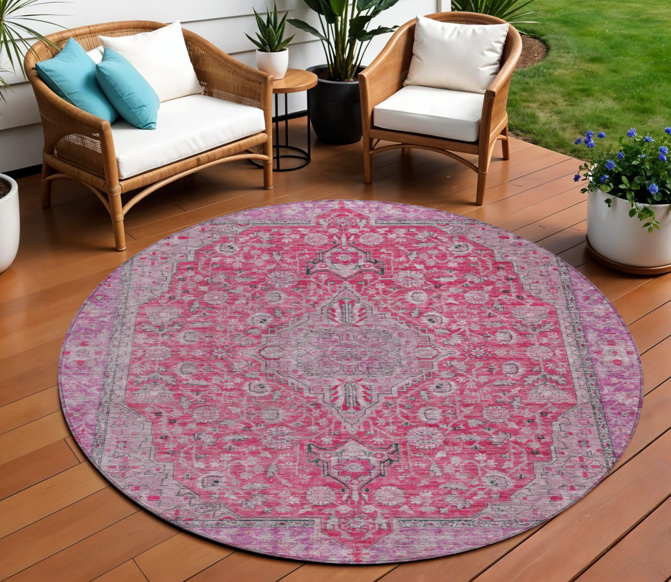 8' Pink And Lavender Round Medallion Washable Indoor Outdoor Area Rug-616288-1