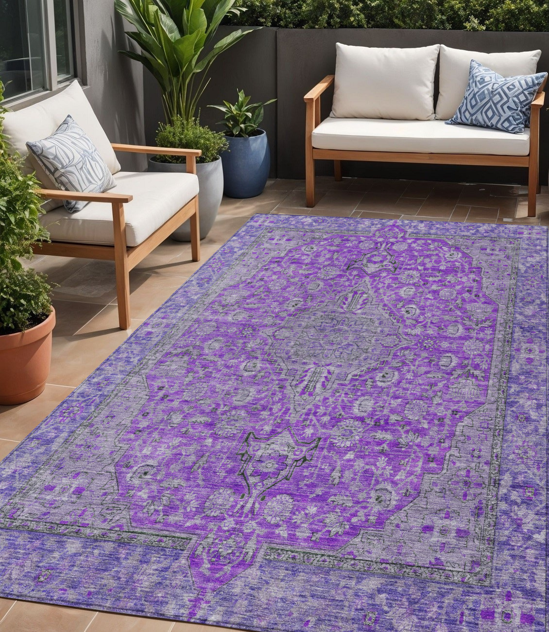 5' X 8' Purple And Gray Medallion Washable Indoor Outdoor Area Rug-616293-1