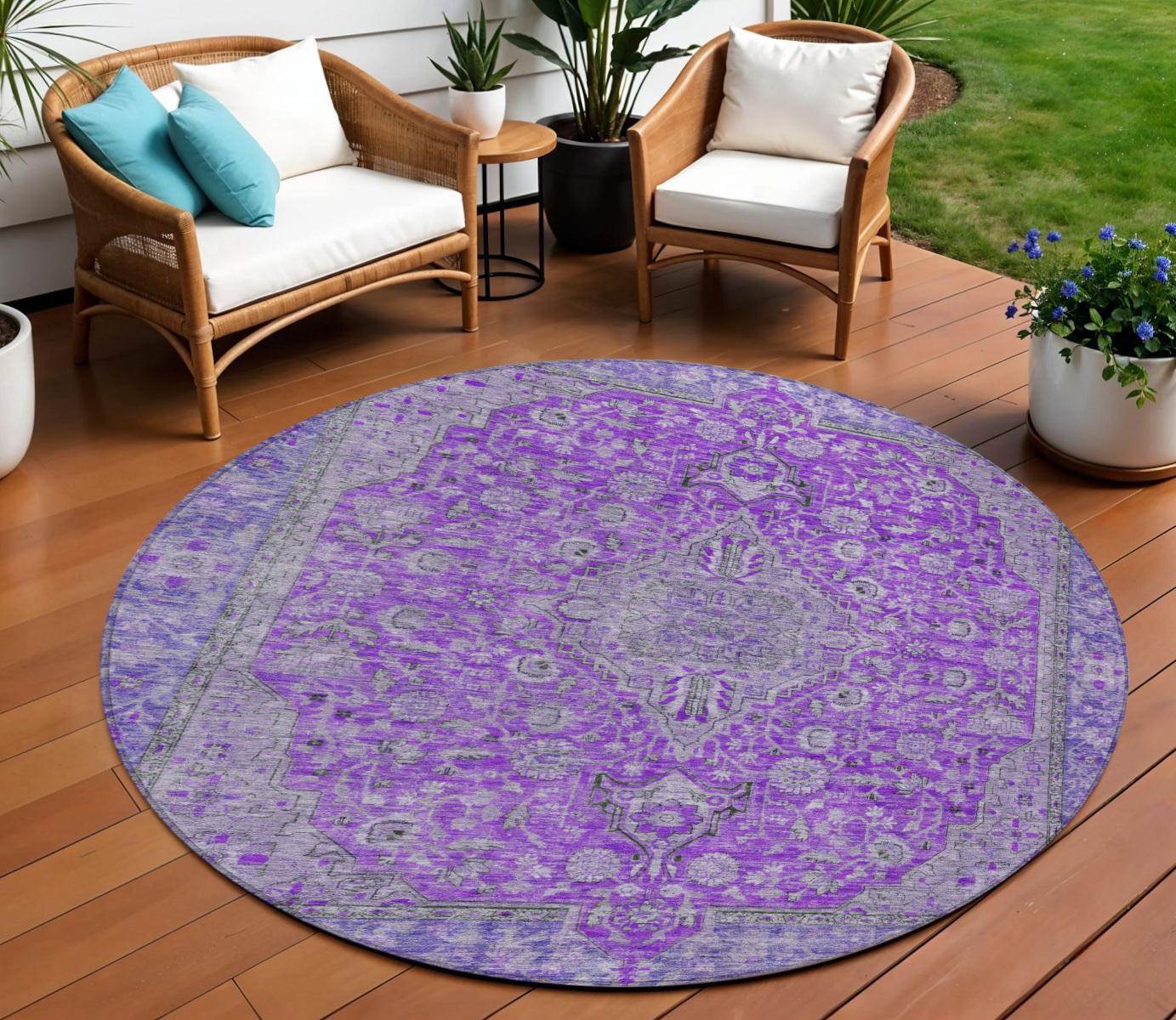 8' Purple And Gray Round Medallion Washable Indoor Outdoor Area Rug-616294-1