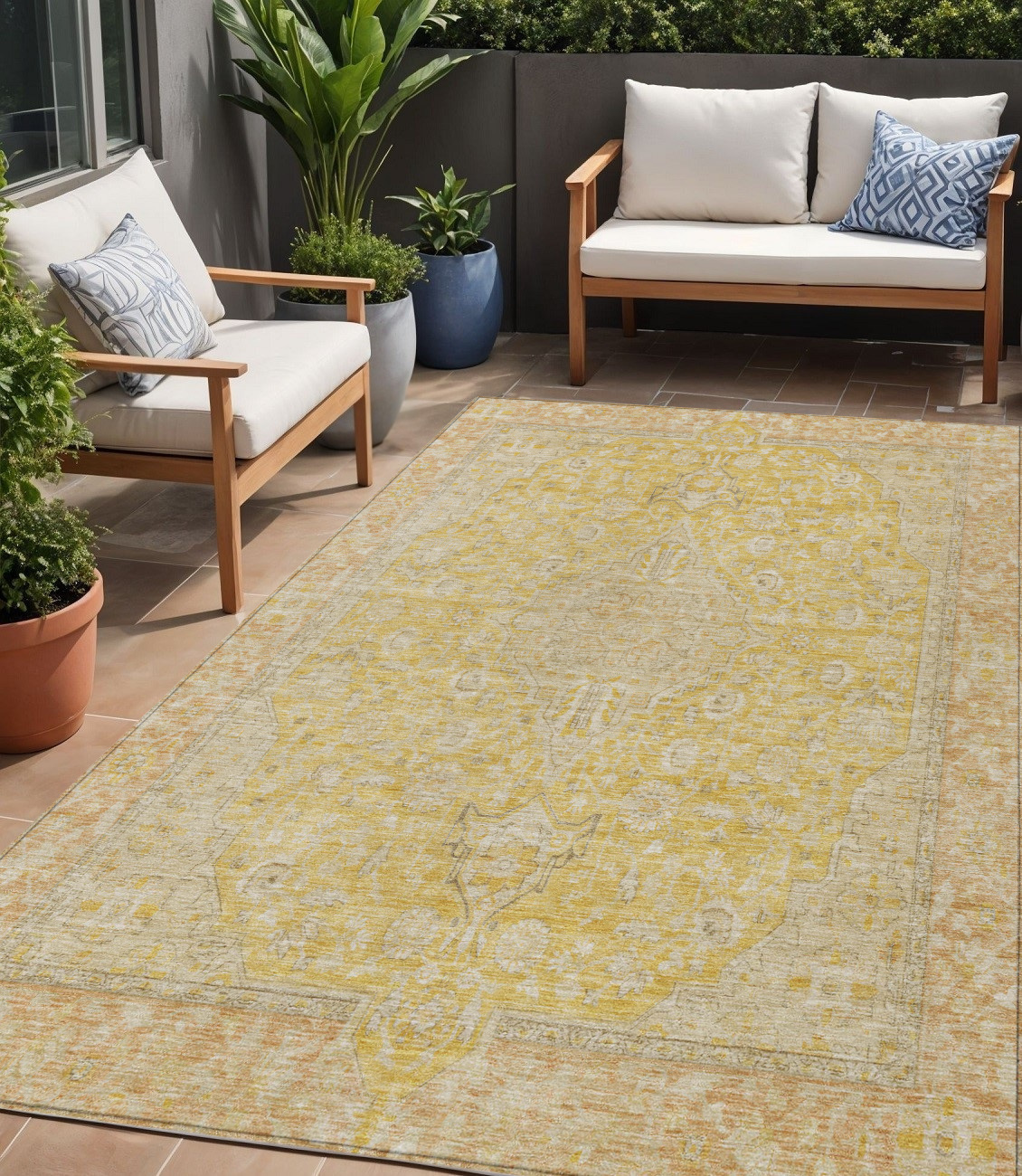 5' X 8' Wheat And Gold Medallion Washable Indoor Outdoor Area Rug-616299-1
