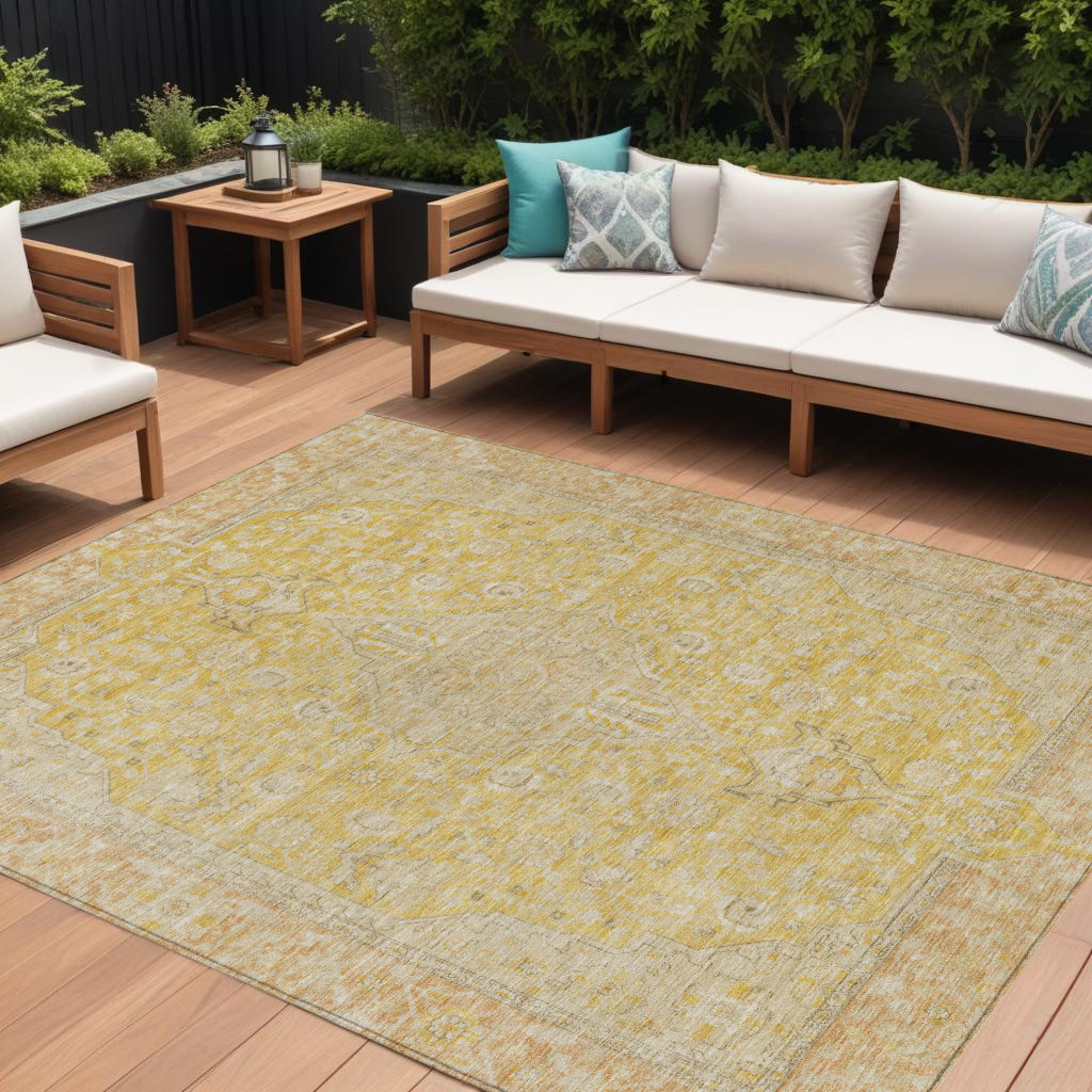 9' X 12' Wheat And Gold Medallion Washable Indoor Outdoor Area Rug-616302-1
