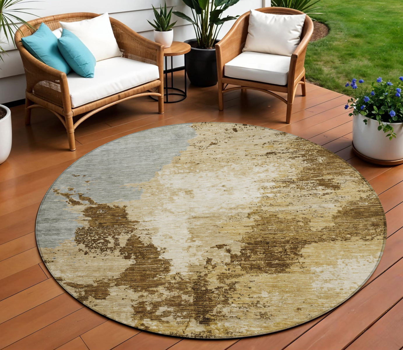 8' Brown And Beige Round Abstract Washable Indoor Outdoor Area Rug-616312-1