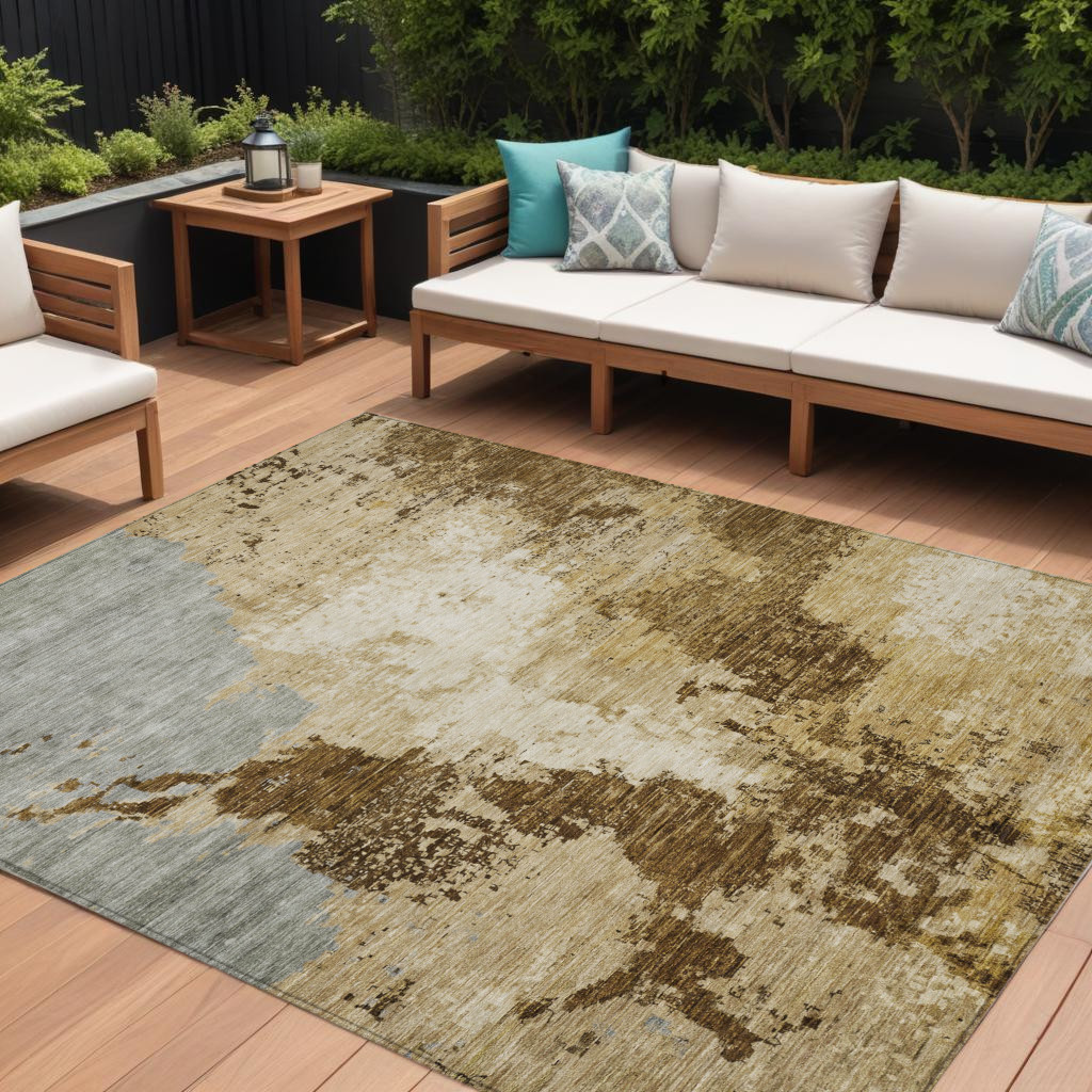 9' X 12' Brown And Beige Abstract Washable Indoor Outdoor Area Rug-616314-1