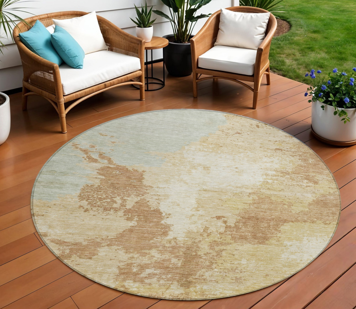 8' Coral And Ivory Round Abstract Washable Indoor Outdoor Area Rug-616318-1