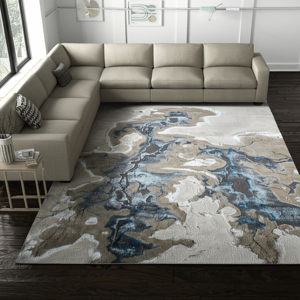 7' X 10' Taupe And Blue Abstract Area Rug-616886-1